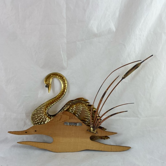 Vintage Swan Bird with Cattails Brass Copper & Wood MCM Wall Art Decor 2 Pieces - Picture 8 of 9